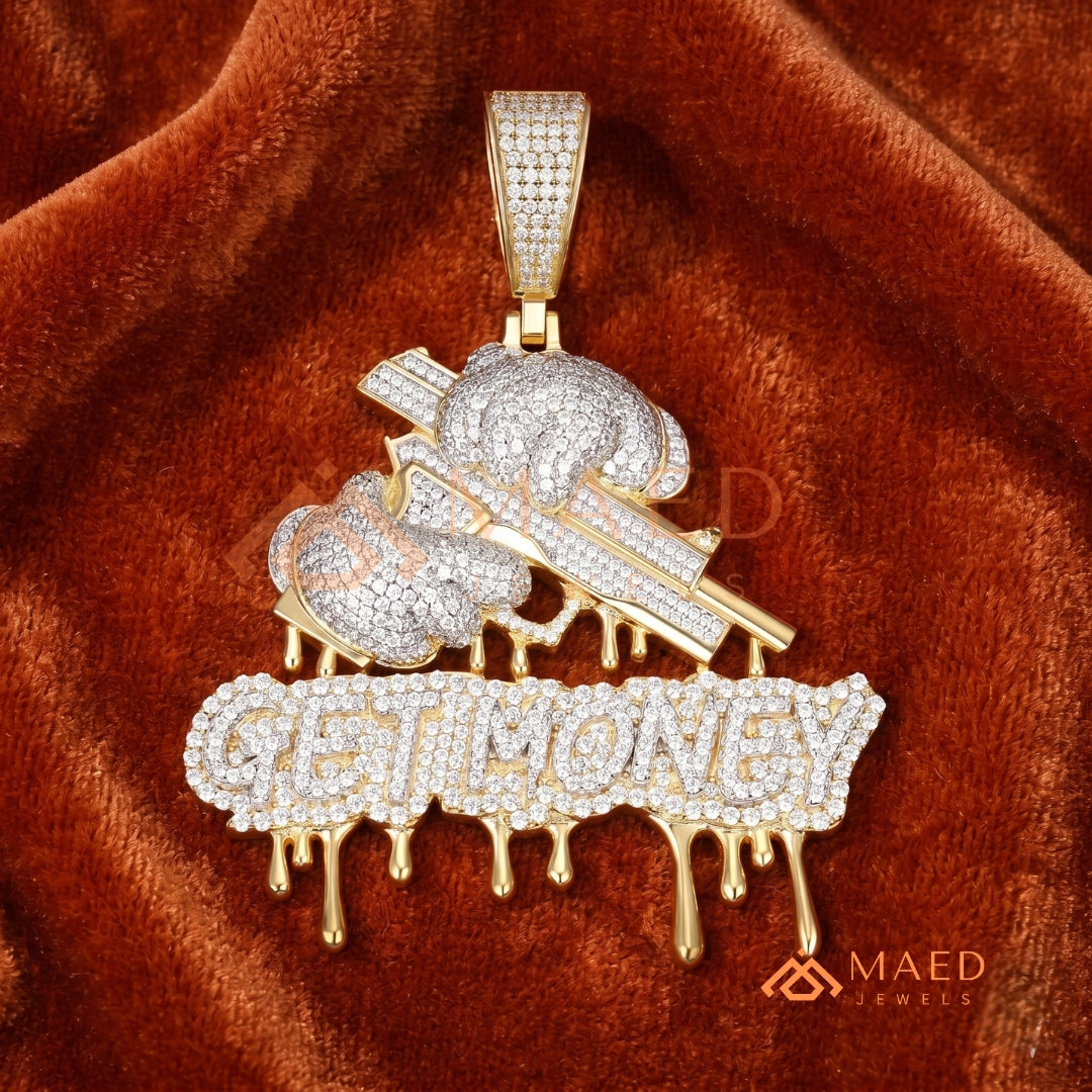 Iced Out "GET MONEY" Drip Pendant – 14K Gold, Rose Gold & Sterling Silver Hip Hop Charm