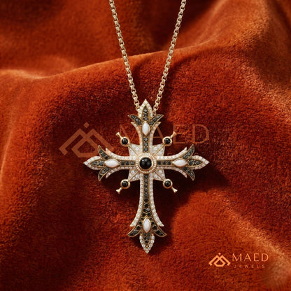 Heavy Black & White Diamond Cathedral Cross Charm – Vintage Goth Pendant