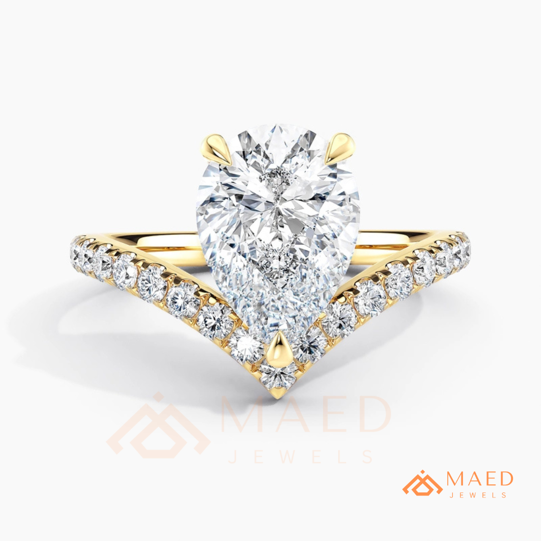 Pear Cut Chevron Engagement Ring with V-Shaped Pavé Band in Silver, 14K Gold, & 14K Rose Gold