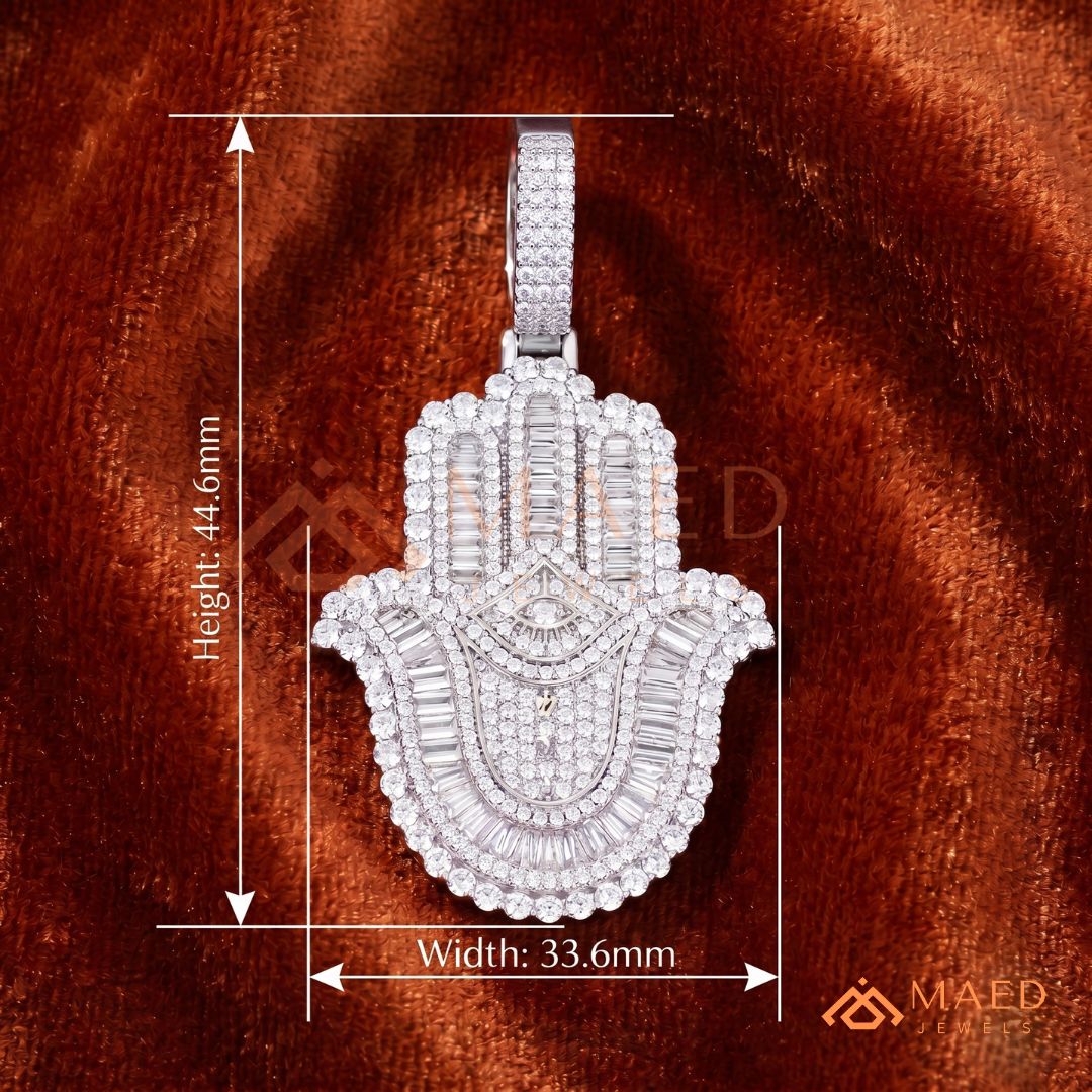 Iced-Out Hamsa Hand Pendant with Star of David & Menorah – Premium Micro-Pave Finish