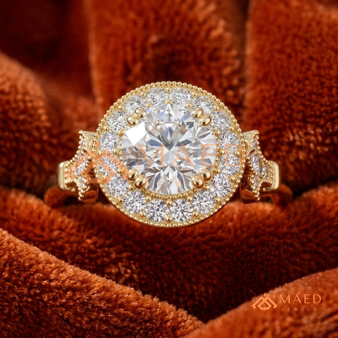 Vintage-Inspired Round Halo Engagement Ring with Milgrain Detail in 14K Gold, Rose Gold or Silver