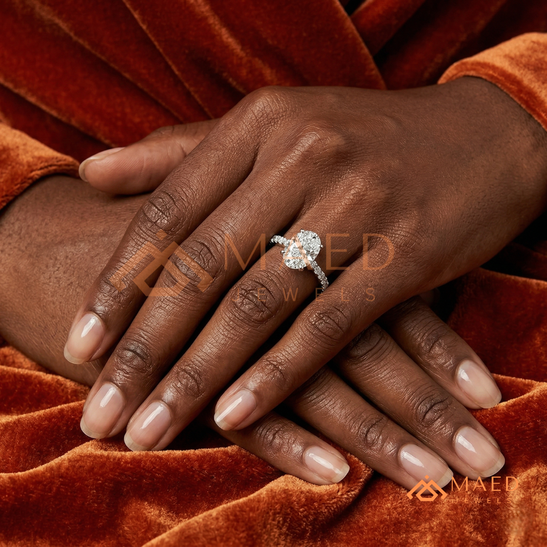 Oval Cut Engagement Ring with Pavé Band | Classic 4-Prong Promise Ring for Women | 14K Gold, Rose Gold & Sterling Silver