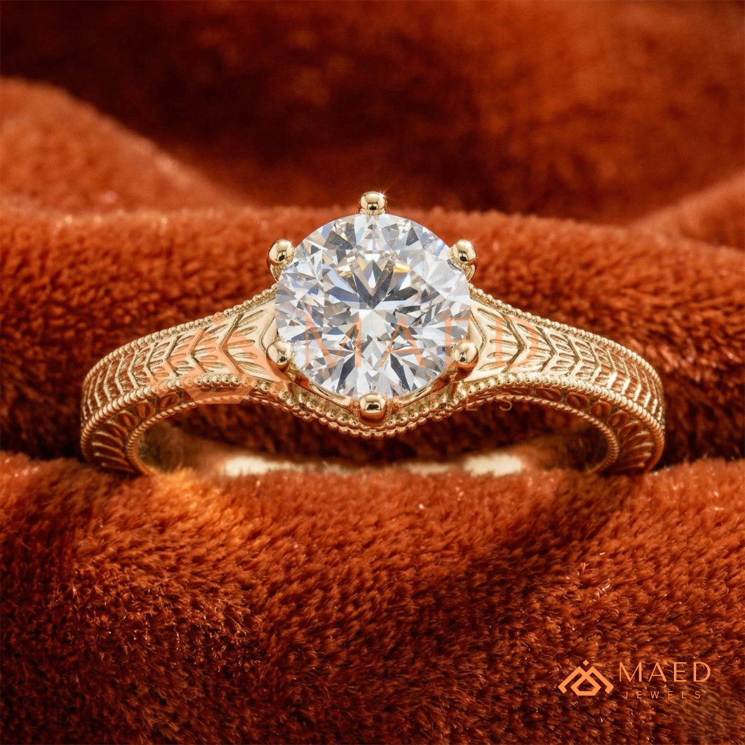 Heirloom Wheat Pattern Round Cut Ring in 14K Yellow Gold, Rose Gold & Sterling Silver