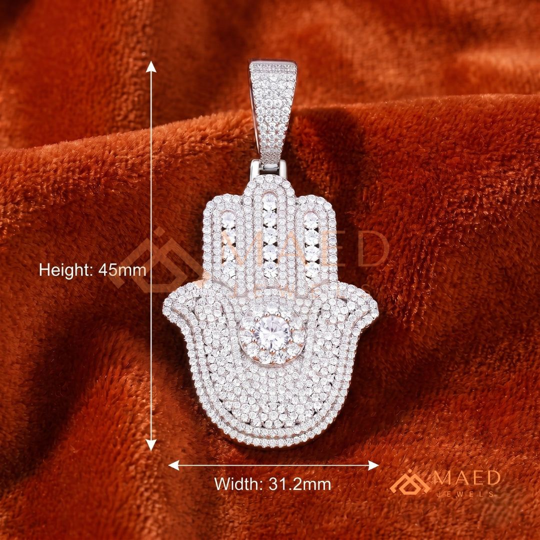 Iced-Out Hamsa Hand Pendant – Micro-Pave Diamond Finish in Silver, 14k Gold, 14k Rose Gold