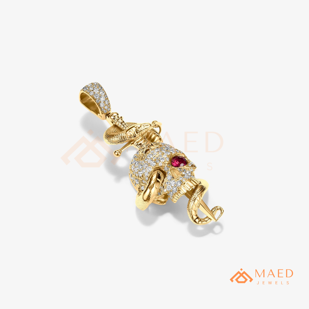 Fully Flooded Skull & Serpent Statement Charm – Ruby Red Eye Hip Hop Pendant