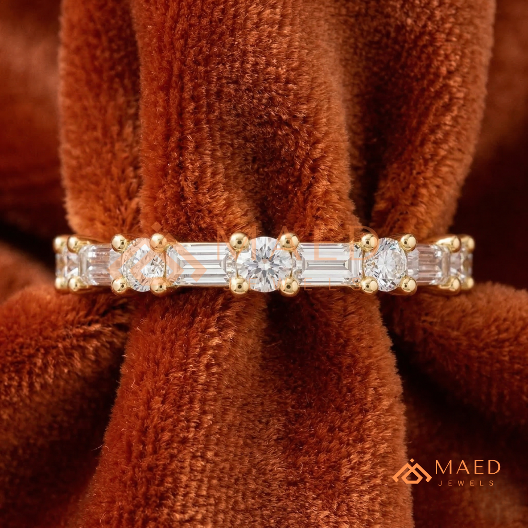 Alternating Baguette & Round Cut Diamond Wedding Band | Shared Prong Multi-Stone Anniversary Ring in Silver, 14K Gold, & Rose Gold