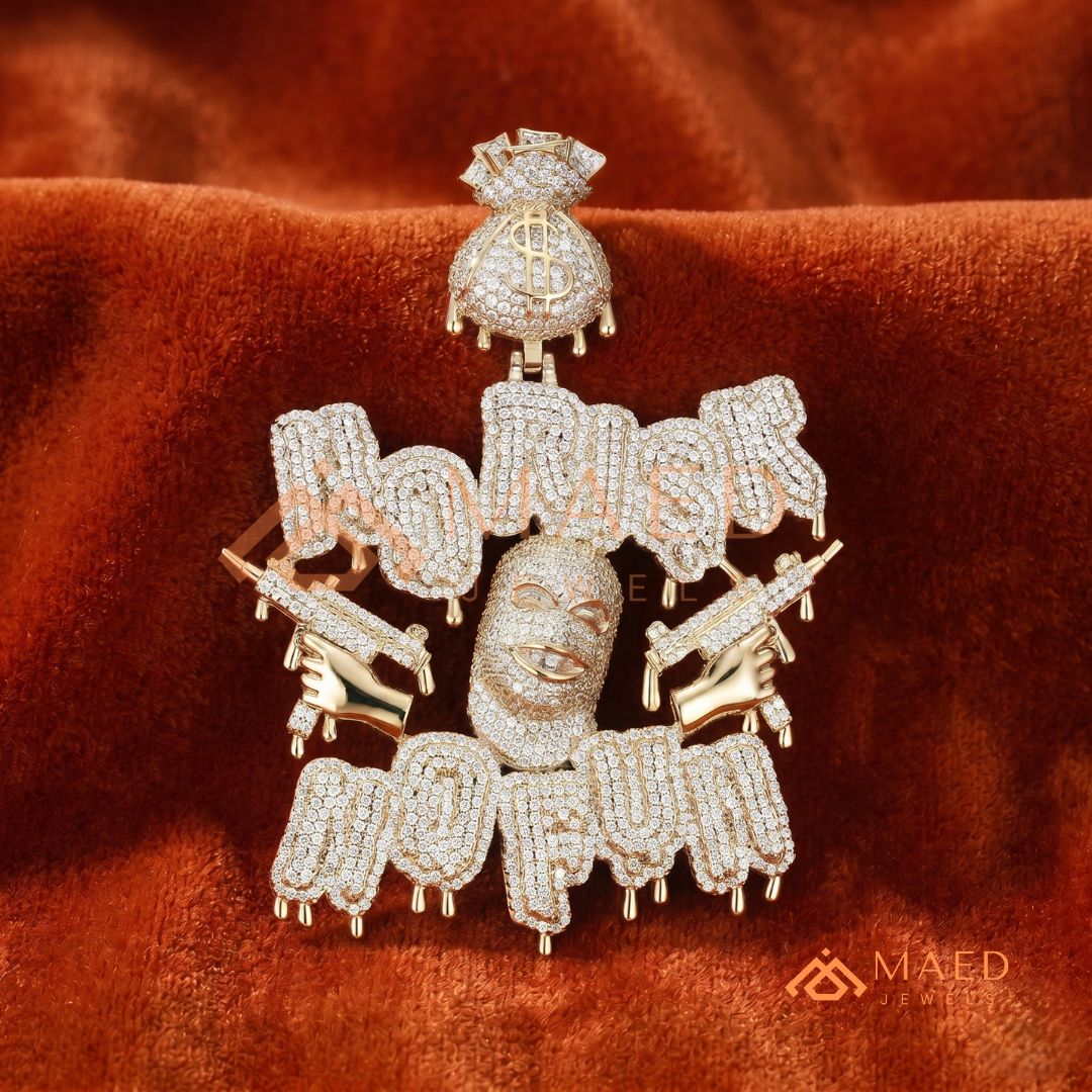 Iced Out "No Risk No Fun" Pendant - 14K Gold, Rose Gold & Silver Hip Hop Jewelry