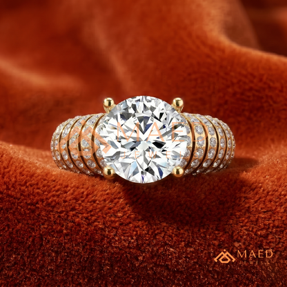 Round Cut Multi-Row Pave Engagement Ring in 14K Gold, Rose Gold & Sterling Silver | Wide Band Statement Cocktail Ring