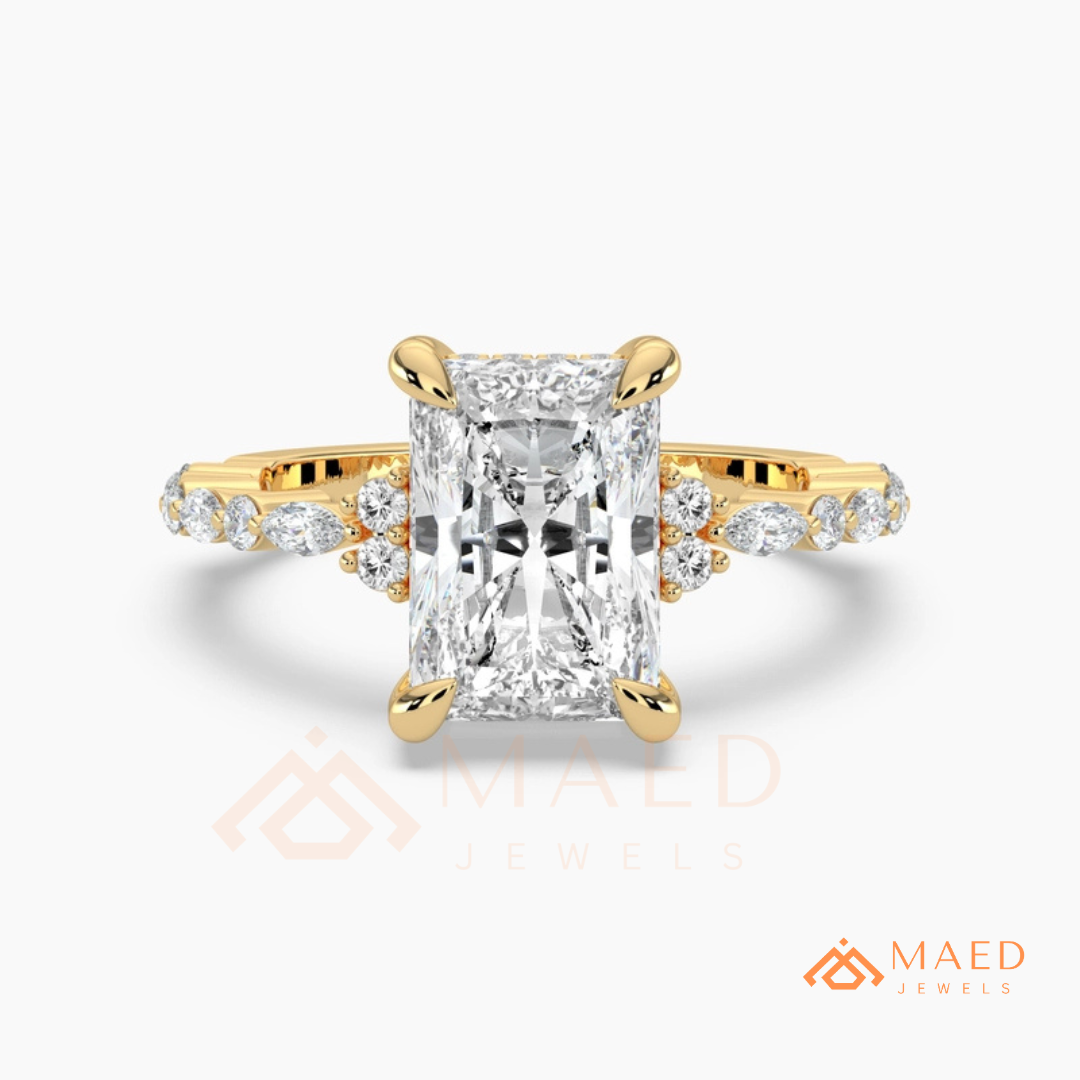 Radiant Cut Engagement Ring | Marquise & Round Cluster Band in 14K Gold, Rose Gold & Sterling Silver