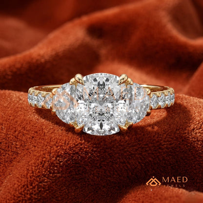 Classic Cushion Cut Three-Stone Engagement Ring with Half-Moon Side Stones in Silver, 14K Gold & Rose Gold