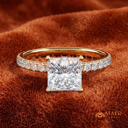 Princess Cut Engagement Ring with Pavé Band in Silver, 14K Gold, & 14K Rose Gold