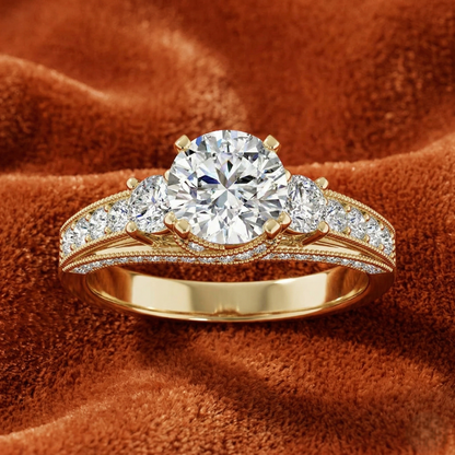 Round-Cut Three-Stone Engagement Ring with Milgrain Channel-Set Band
