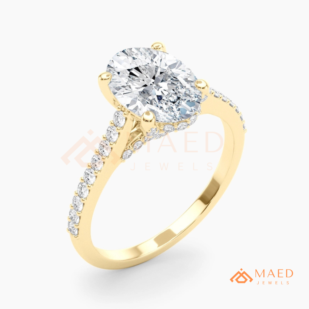 Oval Cut Engagement Ring with Pavé Diamond Band in 14K Gold, Rose Gold & Silver