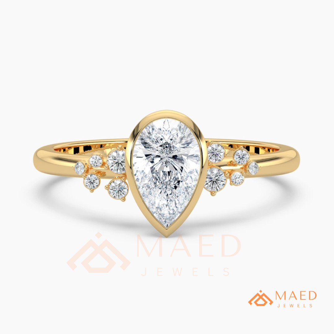 Pear Cut Bezel Set Engagement Ring with Cluster Accent Diamonds in 14K Gold, Rose Gold & Silver