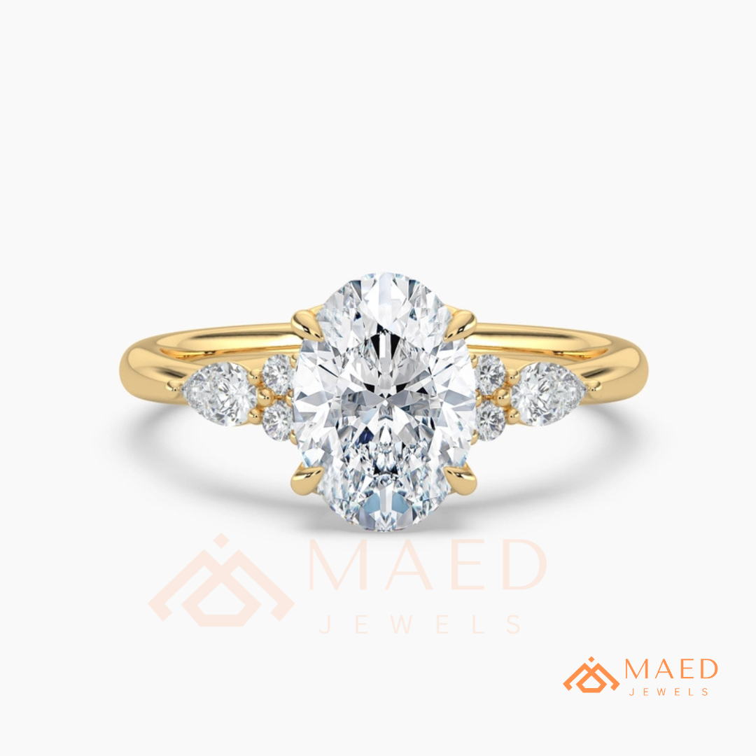 Oval Cut Cluster Engagement Ring | Pear & Round Side Stones in 14K Gold & Silver