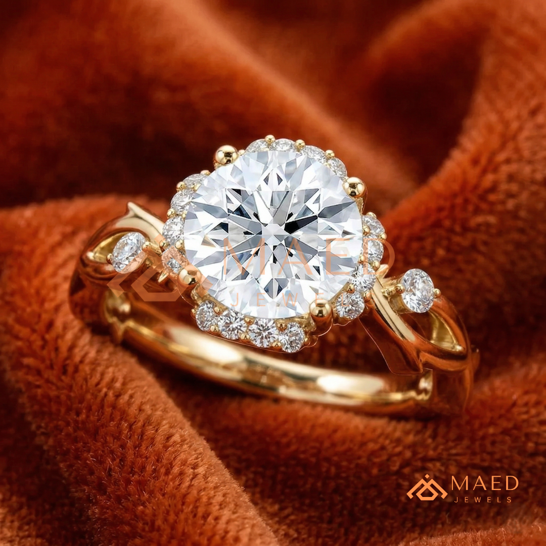Round Cut Floral Halo Engagement Ring with Twisted Infinty Band in 14K Gold, Rose Gold & Silver