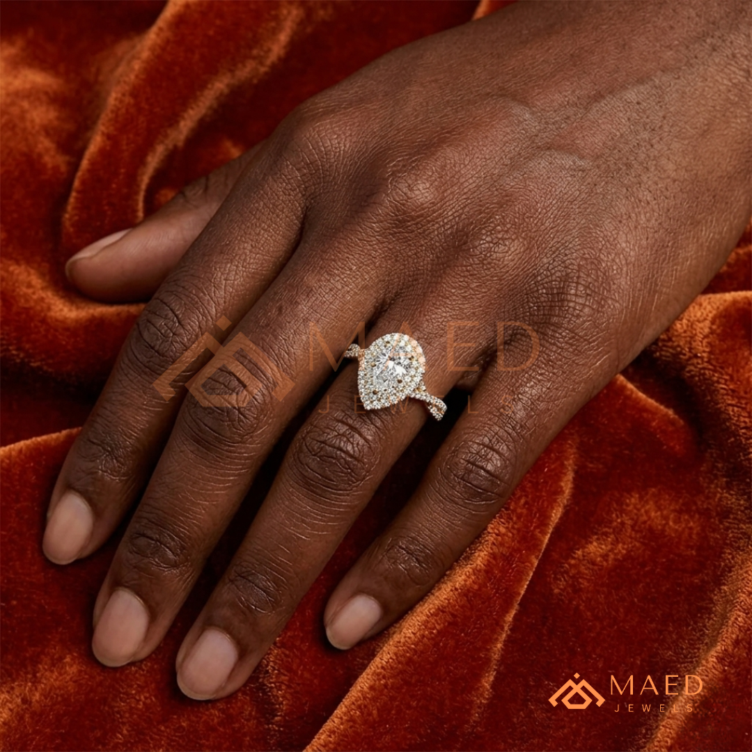 Pear Cut Halo Engagement Ring with Twisted Pavé Band – Sterling Silver, 14K Gold, or 14K Rose Gold