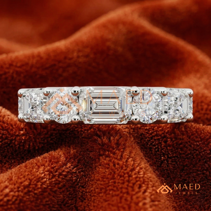 5-Stone Mixed Cut Diamond Wedding Band | Emerald & Round Moissanite Anniversary Ring in Silver, 14K Gold, & Rose Gold