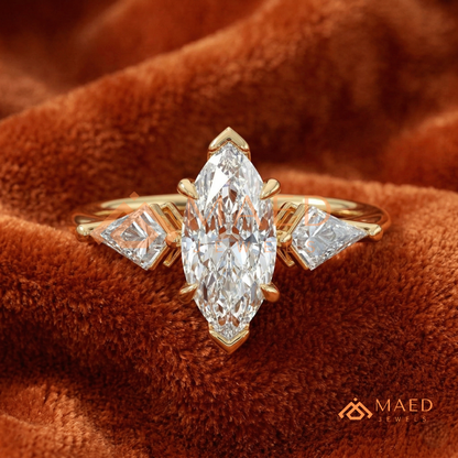 Marquise Cut Three Stone Ring with Kite Side Diamonds | 14k Gold, Rose Gold & Silver