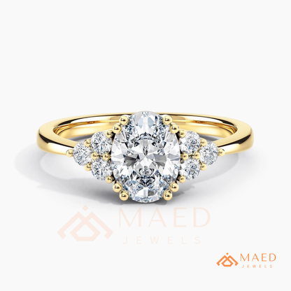 Oval Cut Engagement Ring with Round Cluster Side Stones | 14k Gold, Rose Gold & Silver
