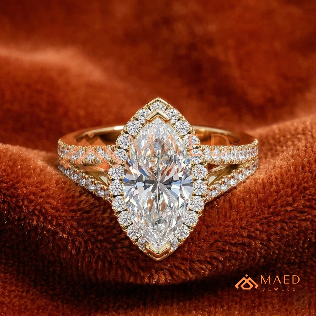Marquise Cut Halo Engagement Ring | Split Shank Pave Band in 14K Gold & Silver