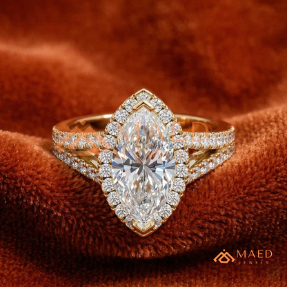 Marquise Cut Halo Engagement Ring | Split Shank Pave Band in 14K Gold & Silver