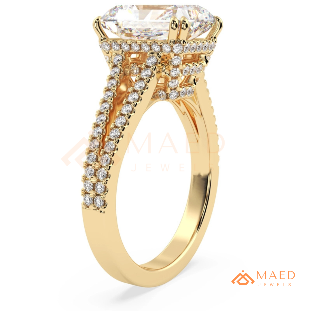 Radiant Cut Engagement Ring with Split Shank Pavé Band in Silver, 14K Gold, & 14K Rose Gold