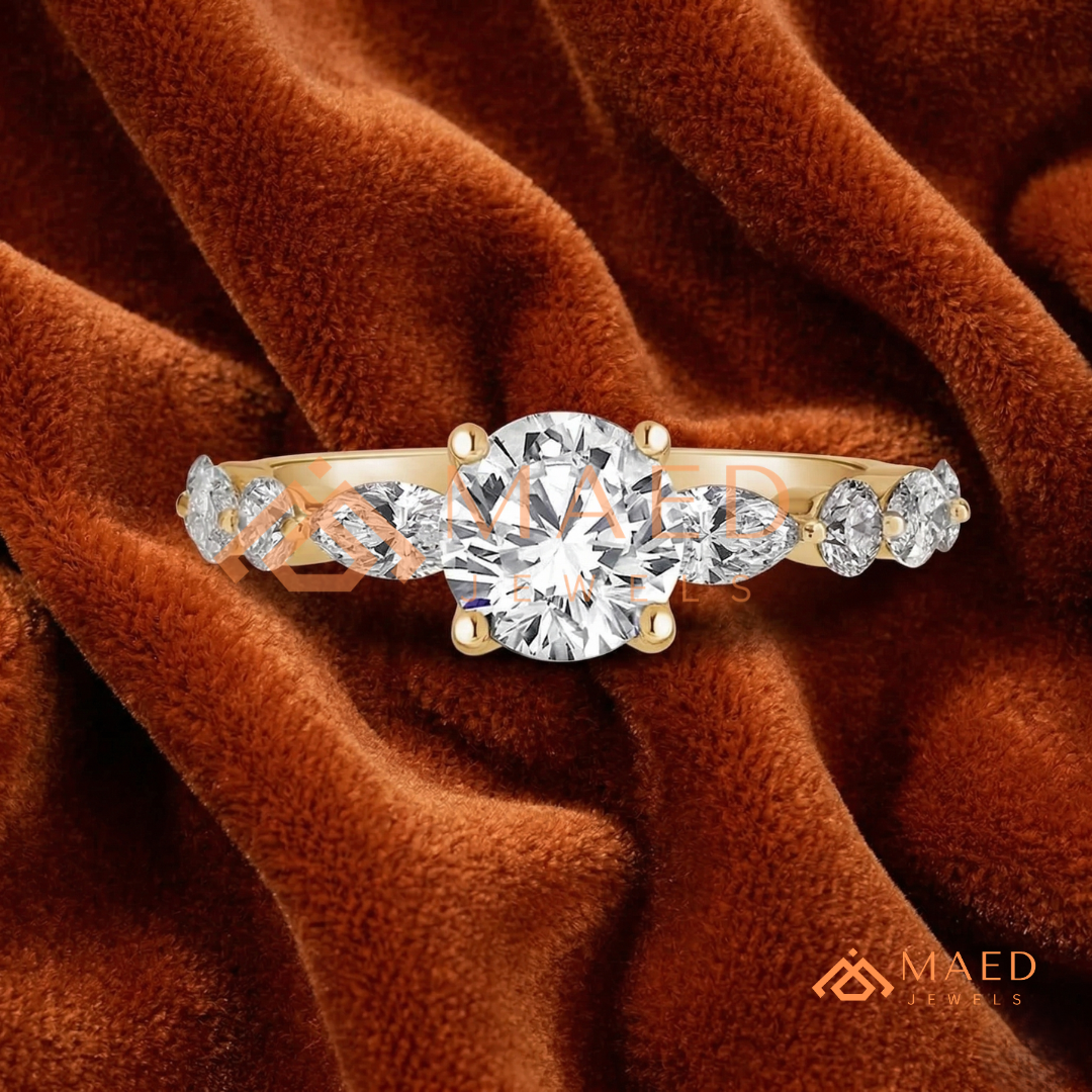 Round Cut Engagement Ring with Marquise Accents in Sterling Silver, 14K Gold & 14K Rose Gold