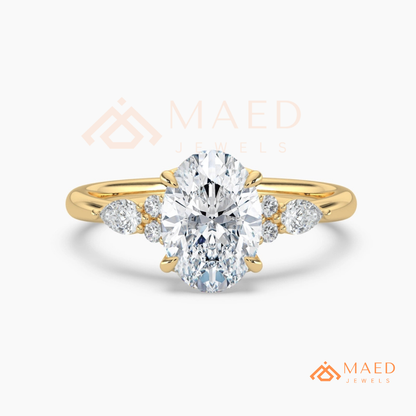 Oval Cut Engagement Ring with Pear and Round Cluster Band in Silver, 14K Gold, & 14K Rose Gold