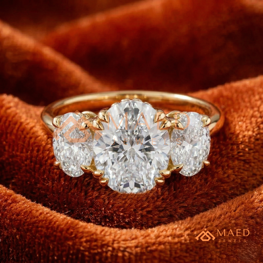 Three-Stone Oval Diamond Simulant Ring (14k White, Yellow, Rose Gold & Sterling Silver)