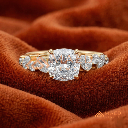 Cushion Cut Engagement Ring with Pear Accent Band in Silver, 14K Gold, & 14K Rose Gold