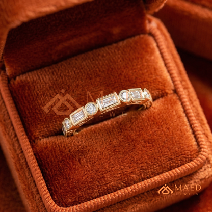 Vintage Alternating Baguette and Round Cut Diamond Wedding Band in Sterling Silver & 14K Gold