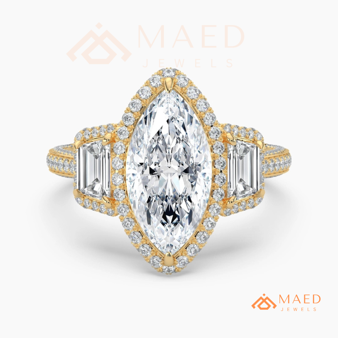 Vintage Marquise Cut 3-Stone Halo Ring with Triple-Row Pavé Band