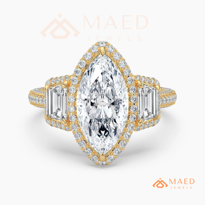 Vintage Marquise Cut 3-Stone Halo Ring with Triple-Row Pavé Band