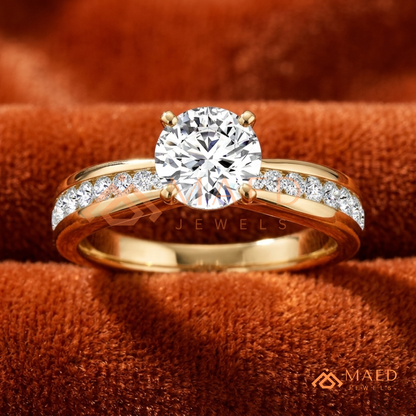 Round Brilliant Solitaire Engagement Ring with Channel Set Band – Sterling Silver, 14K Gold, or 14K Rose Gold