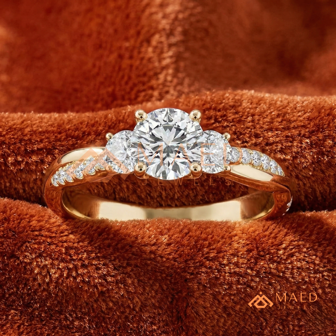 Classic 3-Stone Twisted Pavé Diamond Simulant Ring in Gold, Rose Gold & Silver