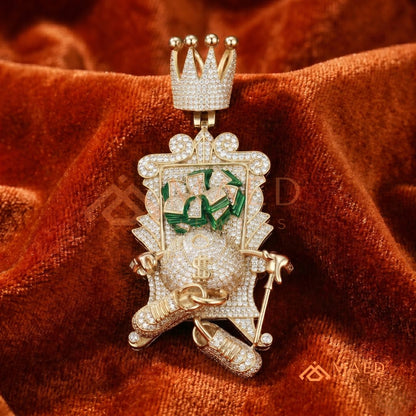 Iced Out King of Cash Throne Pendant - 14K Gold, Rose Gold & Silver Hip Hop Jewelry
