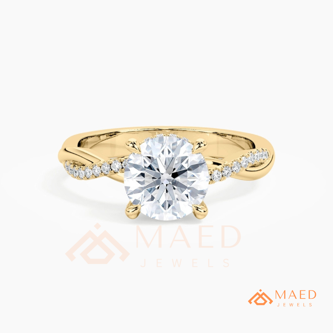 Round Cut Engagement Ring with Twisted Pavé Band in Silver, 14K Gold, & 14K Rose Gold