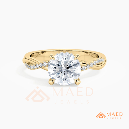 Round Cut Engagement Ring with Twisted Pavé Band in Silver, 14K Gold, & 14K Rose Gold