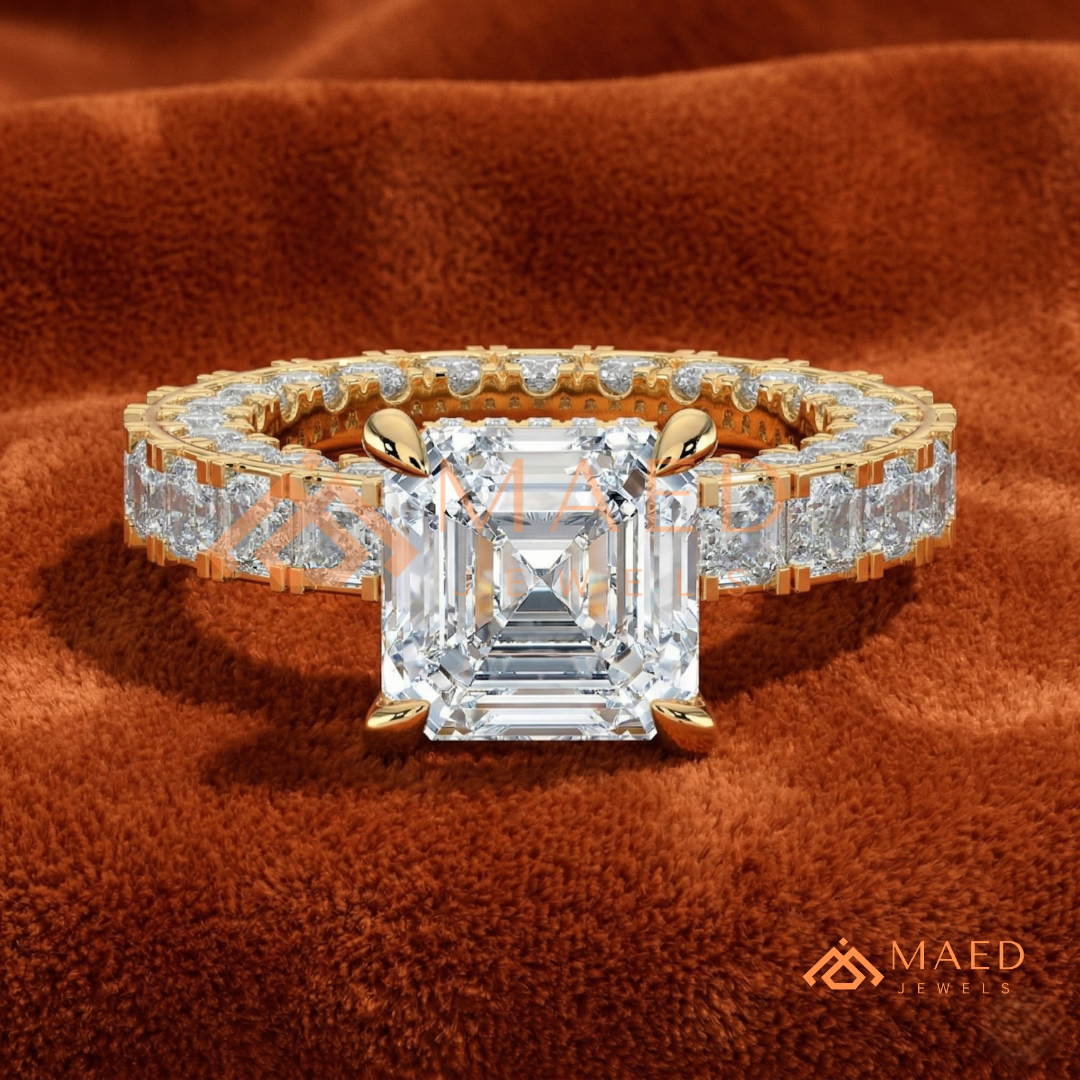 Classic Asscher Cut Solitaire Engagement Ring with Eternity Band Shank in Silver, 14K Gold & Rose Gold