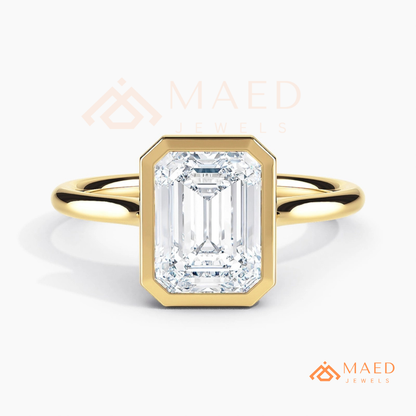 Modern Emerald Cut Solitaire Bezel Engagement Ring in Silver, 14K Gold & Rose Gold
