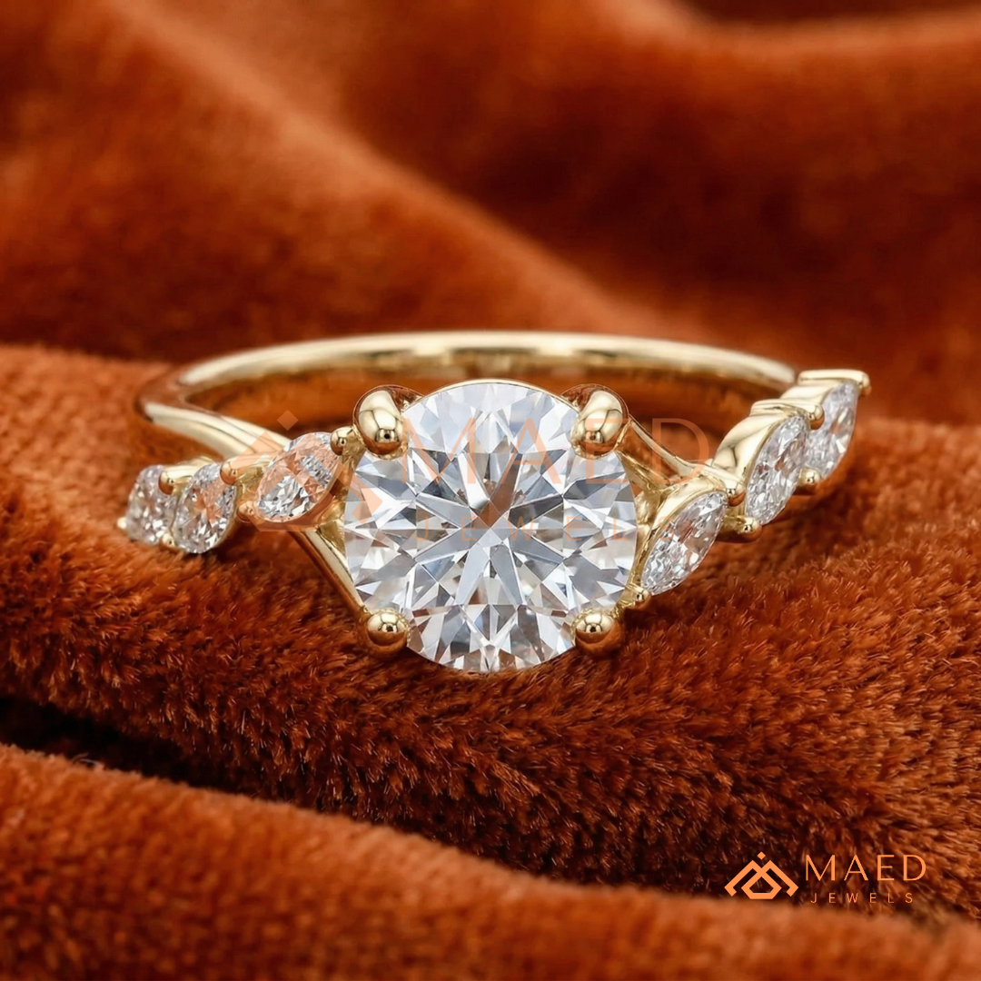 Marquise Leaf Clustered Vine Engagement Ring in 14K Gold, Rose Gold & Silver