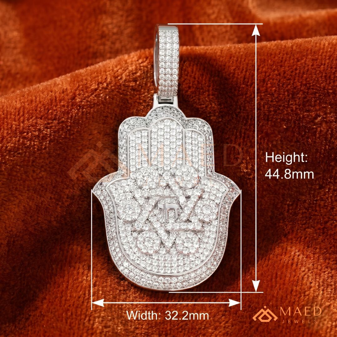 Iced Out Hamsa & Star of David Pendant with Chai Symbol - Sterling Silver, 14K Gold & Rose Gold