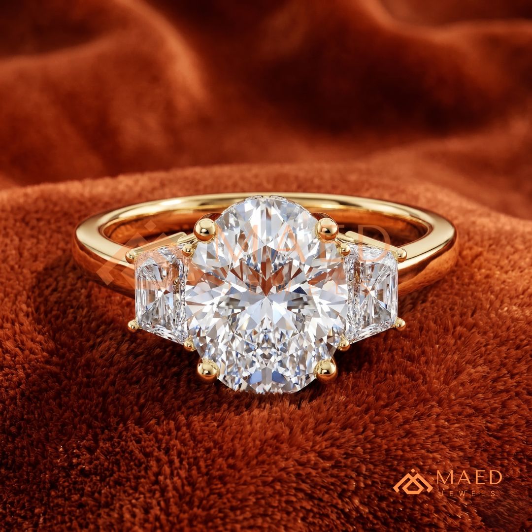 Oval Cut Engagement Ring with Round Cluster Side Stones | 14k Gold, Rose Gold & Silver