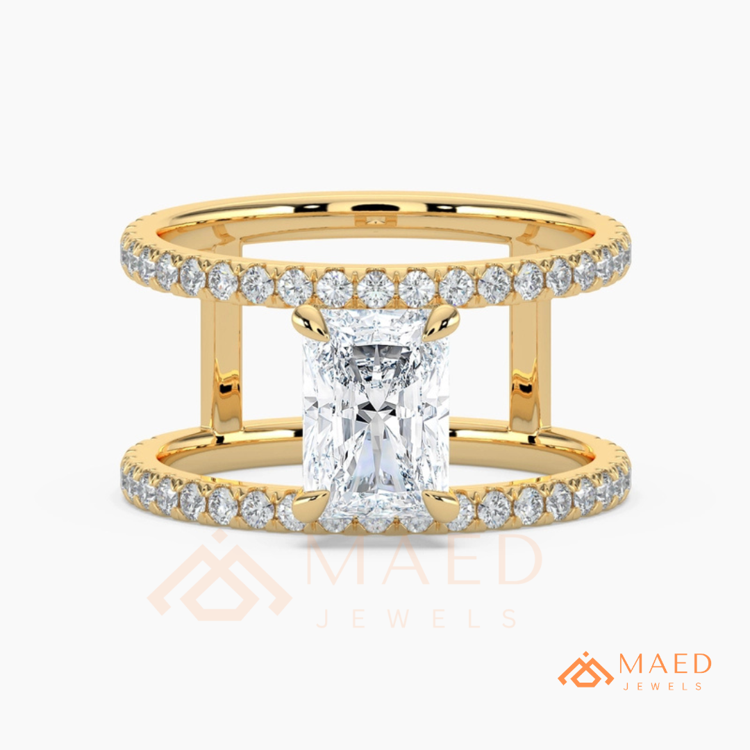 Radiant Cut Double Band Engagement Ring | Floating Open Spacer Pavé Cuff