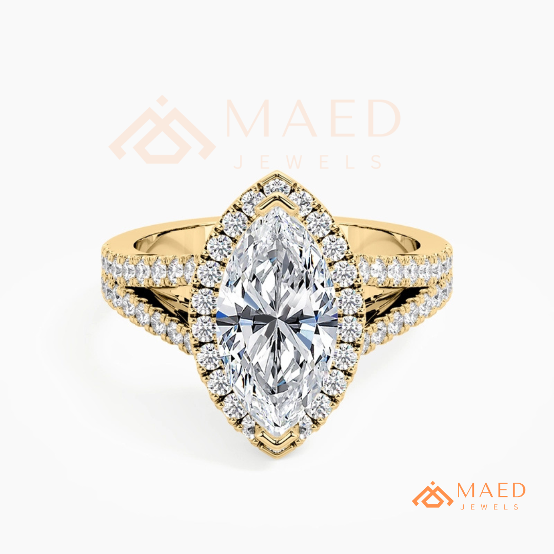 Marquise Cut Halo Engagement Ring | Split Shank Pave Band in 14K Gold & Silver