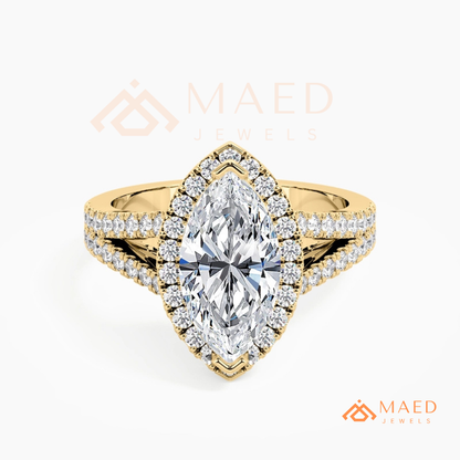 Marquise Cut Halo Engagement Ring | Split Shank Pave Band in 14K Gold & Silver