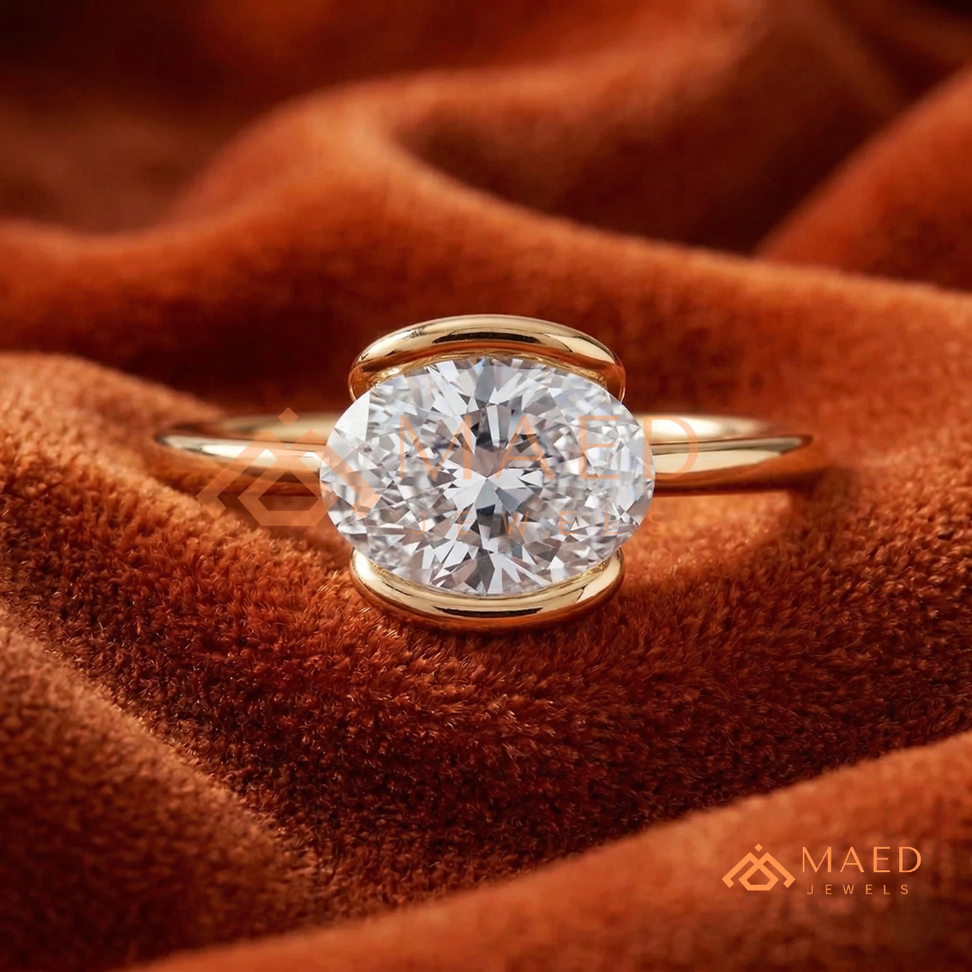 Horizontal Oval Half-Bezel Minimalist Engagement Ring in Silver, 14K Yellow Gold, or Rose Gold