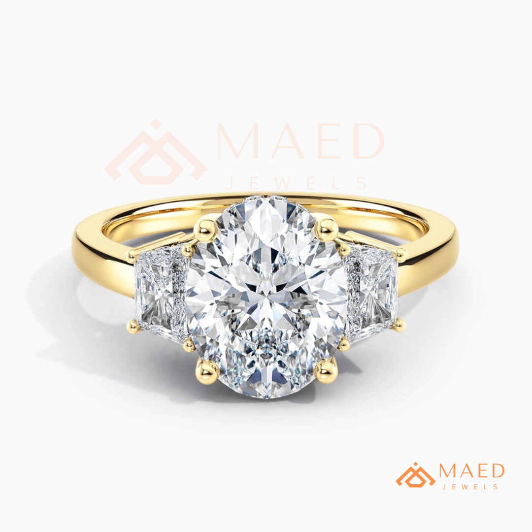 Classic Oval Cut 3-Stone Engagement Ring with Trapezoid Side Gems