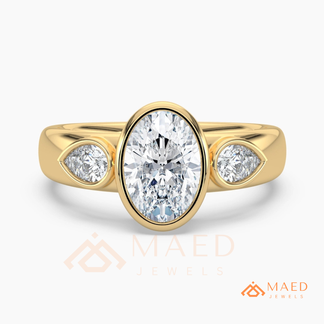 Bezel Set Oval Engagement Ring with Pear Side Stones in Silver, 14K Gold, & 14K Rose Gold